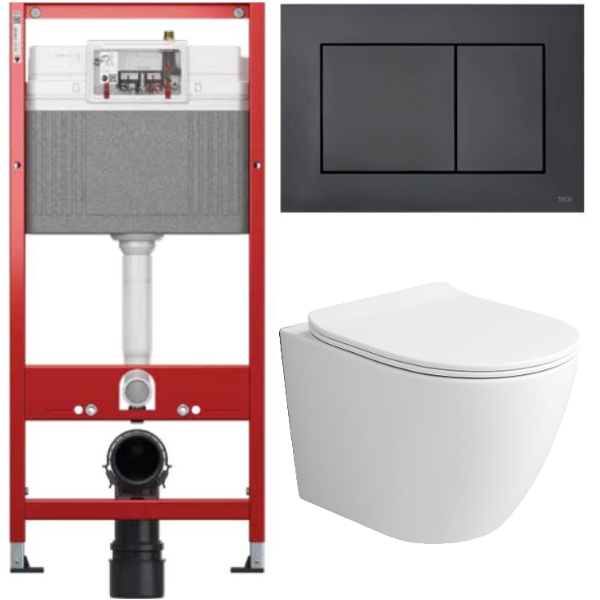 Комплект: инсталляция TECEbase kit 9400414 с черной кнопкой и подвесным унитазом Amore di Mare Delio Tornado P203MW-T
